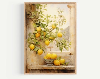 May include: A watercolor painting of a lemon tree with ripe yellow lemons hanging from the branches. The tree is growing out of a window in a stone wall. A bowl of lemons sits on a ledge below the window.