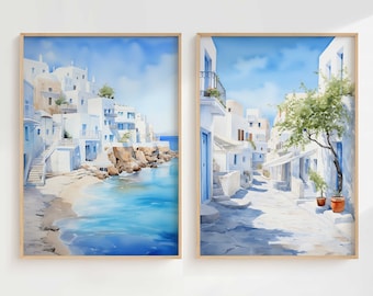 Mediterranean Wall Art Set, Greece Wall Art, Mykonos Santorini Wall Art, Mediterranean Prints, Italian Art, Mediterranean Decor Digital