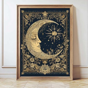 Vintage Celestial Prints, Dark Academia Druck, Boho Mondsichel, Cottagecore, Esoterische schwermütige Kunst, Digital, Vintage Mond Wandkunst