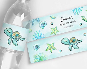 May include: Water bottle labels with a blue and green watercolor design featuring a turtle, starfish, seashells, and coral. The text on the label reads "Emma's Baby Shower 05.08.2024".