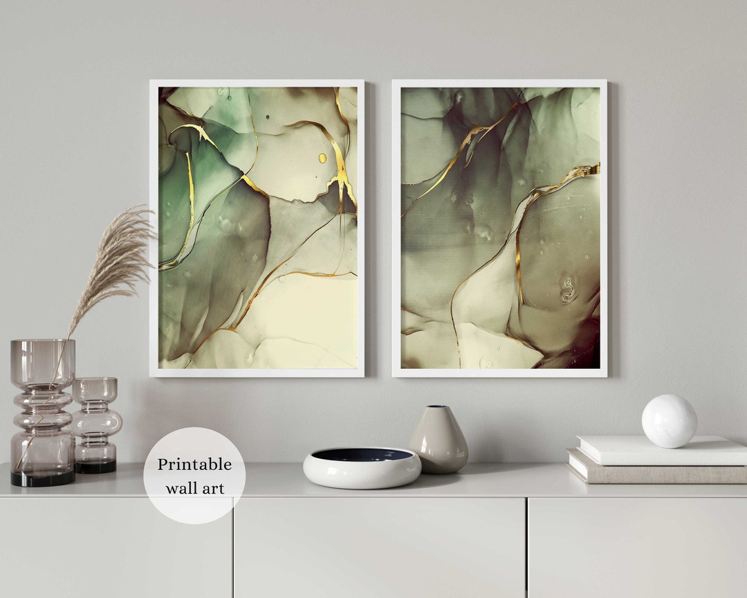 Green Gold Wall Art, Abstract Green and Gold Prints, Modern Green Wall