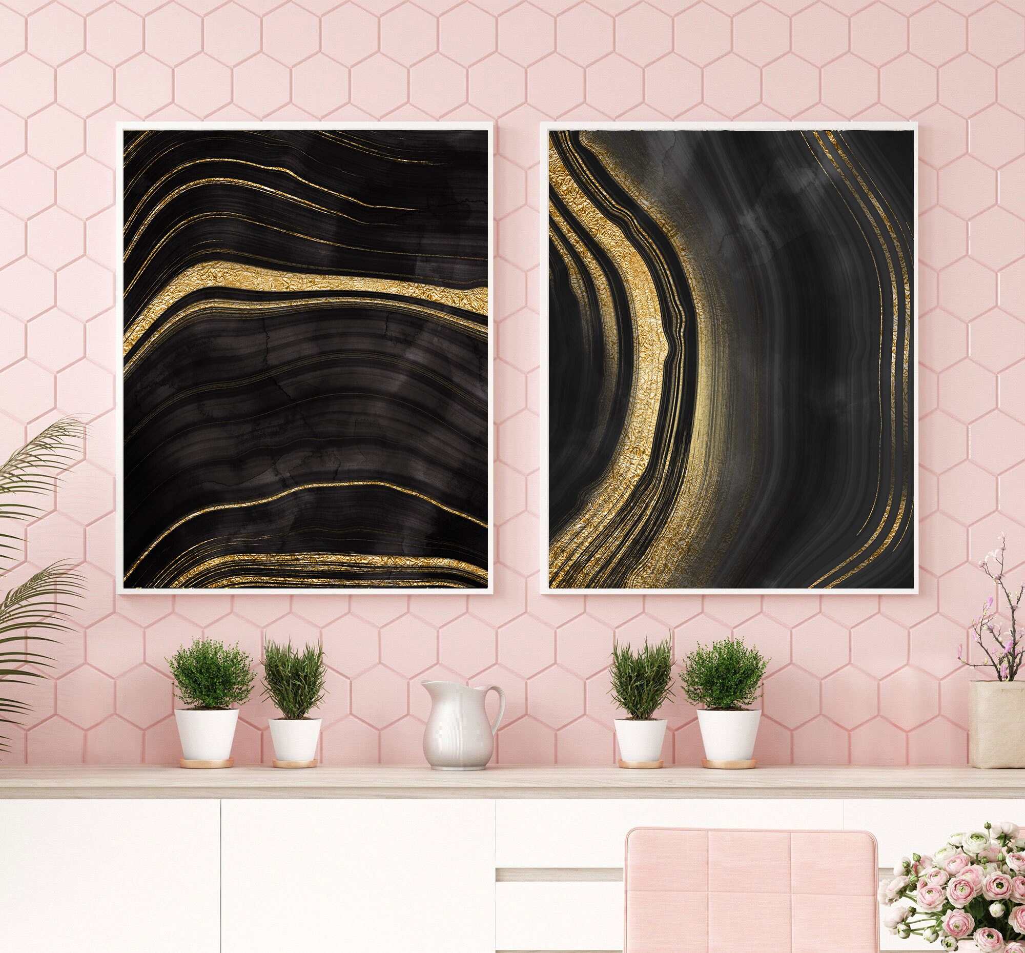 Black and Gold Wall Art Set of 2 Marble Wall Art Set of 2 Etsy UK