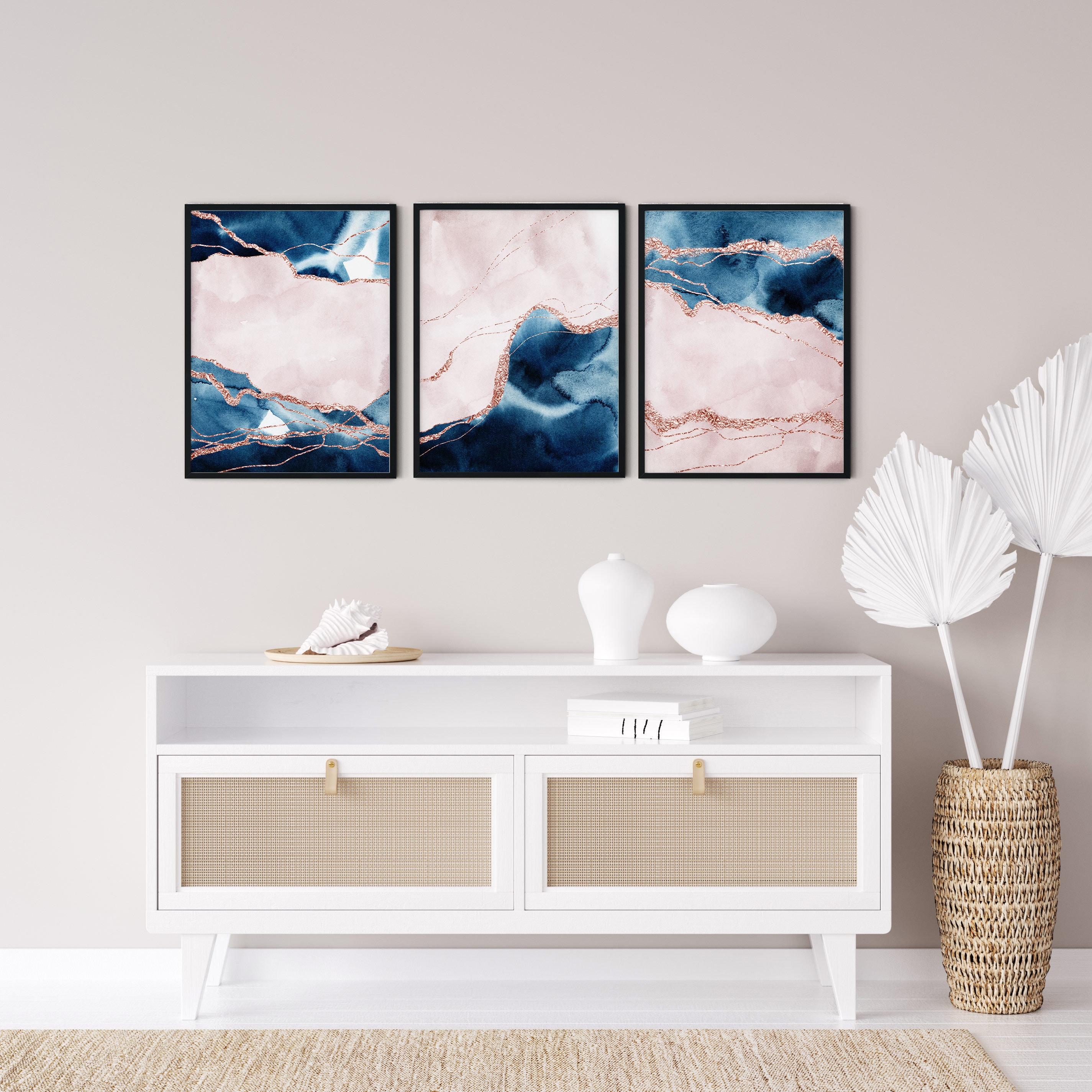 Navy Pink Wall Art Set of 3 Blue Blush Pink Wall Art Modern | Etsy