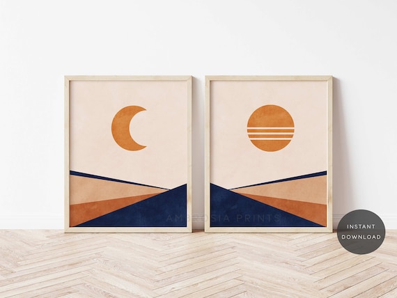Blue Orange Wall Art Set of 2, Mid Century Wall Art Set of 2, Navy Blue Burnt Orange Prints, Sun Moon Wall Art, Mid Century Modern Prints