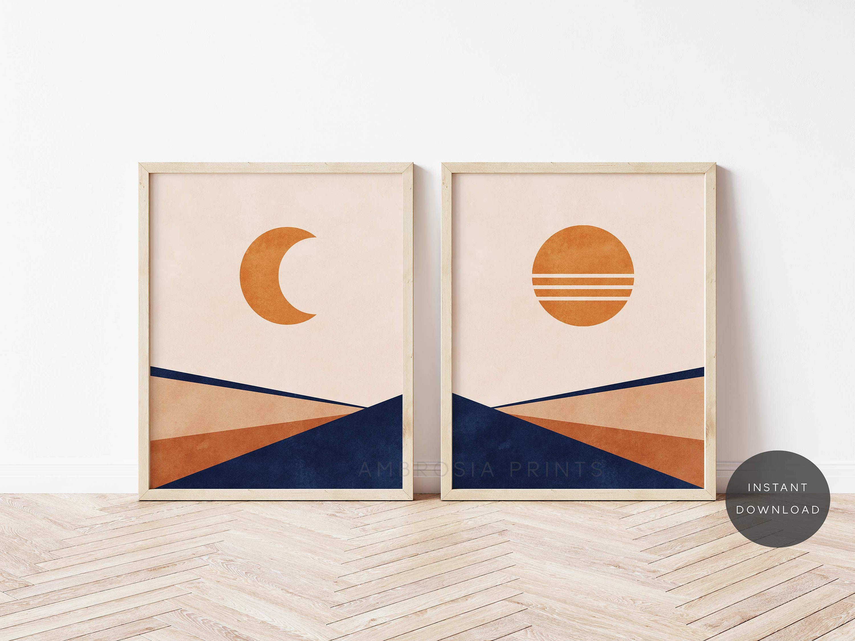 Set of 2 wall art orange and blue art set of 2 prints mid century