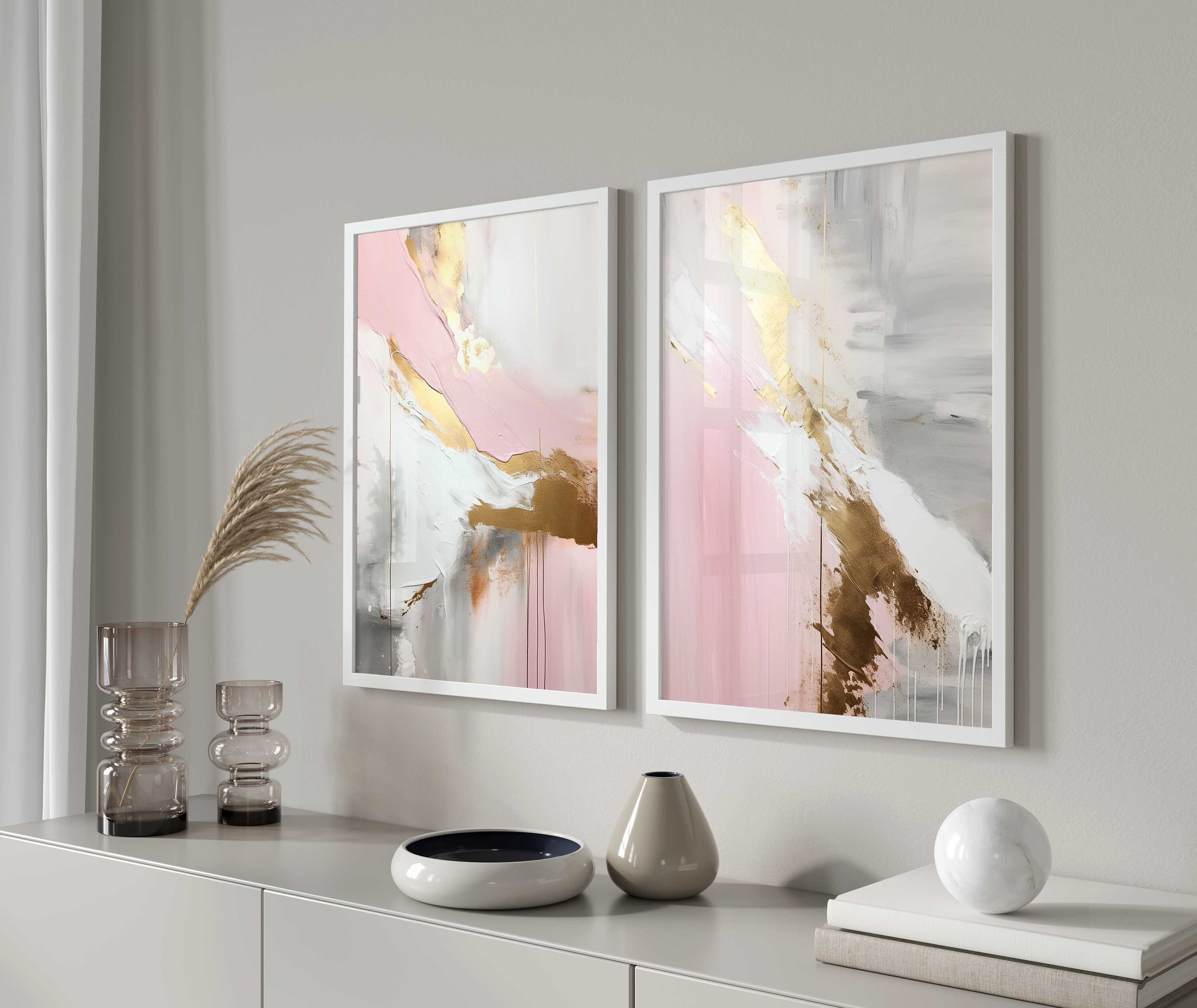 Pink Gold Wall Art Set, Abstract Pink Wall Art Set of 3, Blush Pink ...