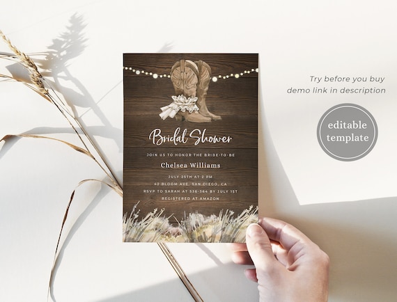 Country Bridal Shower Invitation Template, Rustic Bridal Shower Invitation Instant Download, Western Cowgirl Boots Bridal Shower Invitation