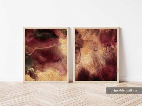 Burgundy Wall Art Set of 2 Burgundy Gold Wall Art Printable | Etsy