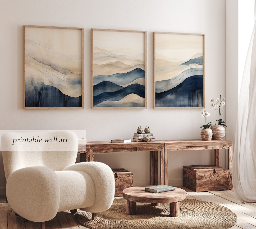 Abstract Blue Wall Art Set of 3, Neutral Prints Set, Modern Neutral ...