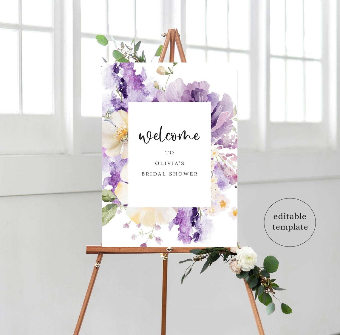 Purple Bridal Shower Welcome Sign Template, Spring Floral Bridal Shower ...