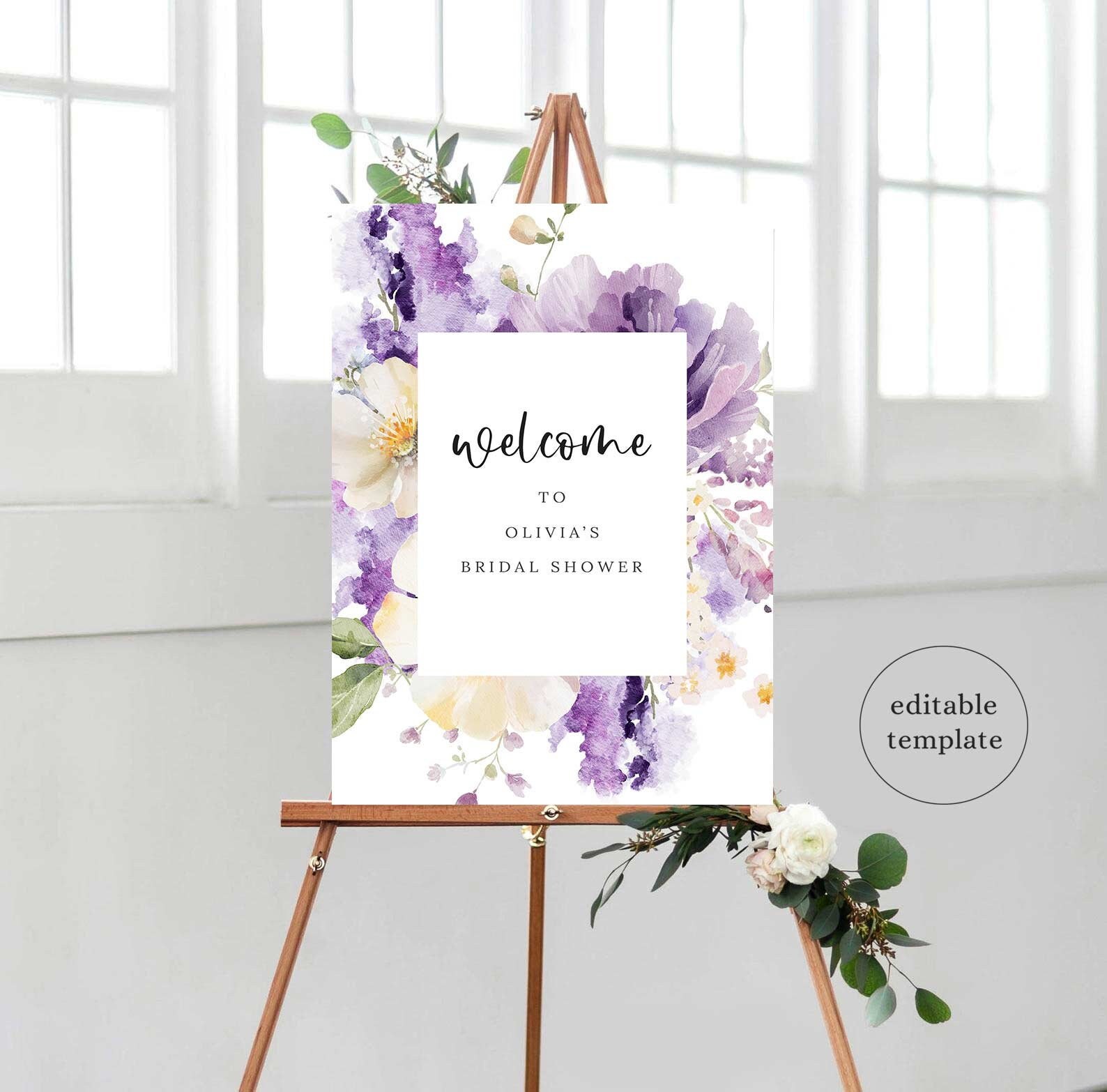 Welcome Violet Purple Bridal Shower Welcome Sign Template, Spring Floral Bridal Shower ...