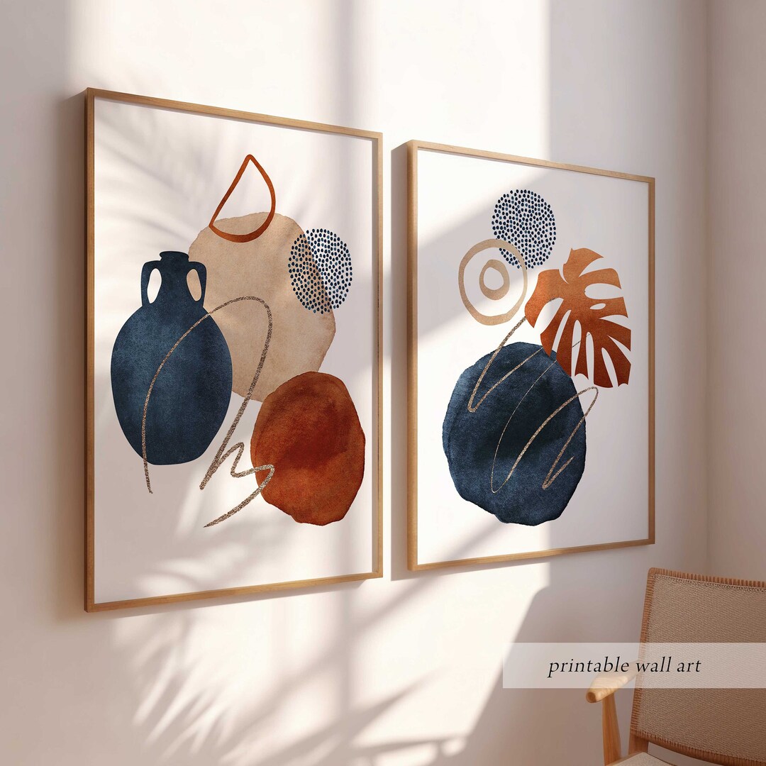 Blue Orange Wall Art Set of 2 Mid Century Wall Art Set of 2 Etsy