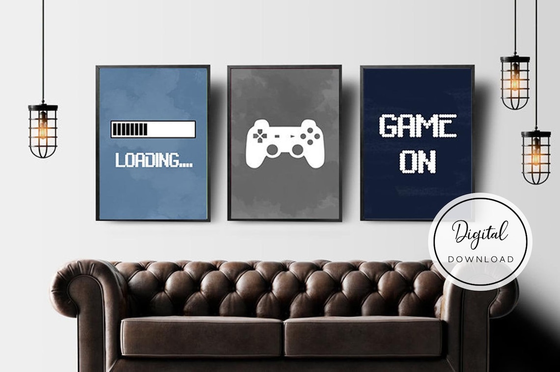 Video Game Wall Art Gaming Wall Art Set of 3 Blue Gray Etsy