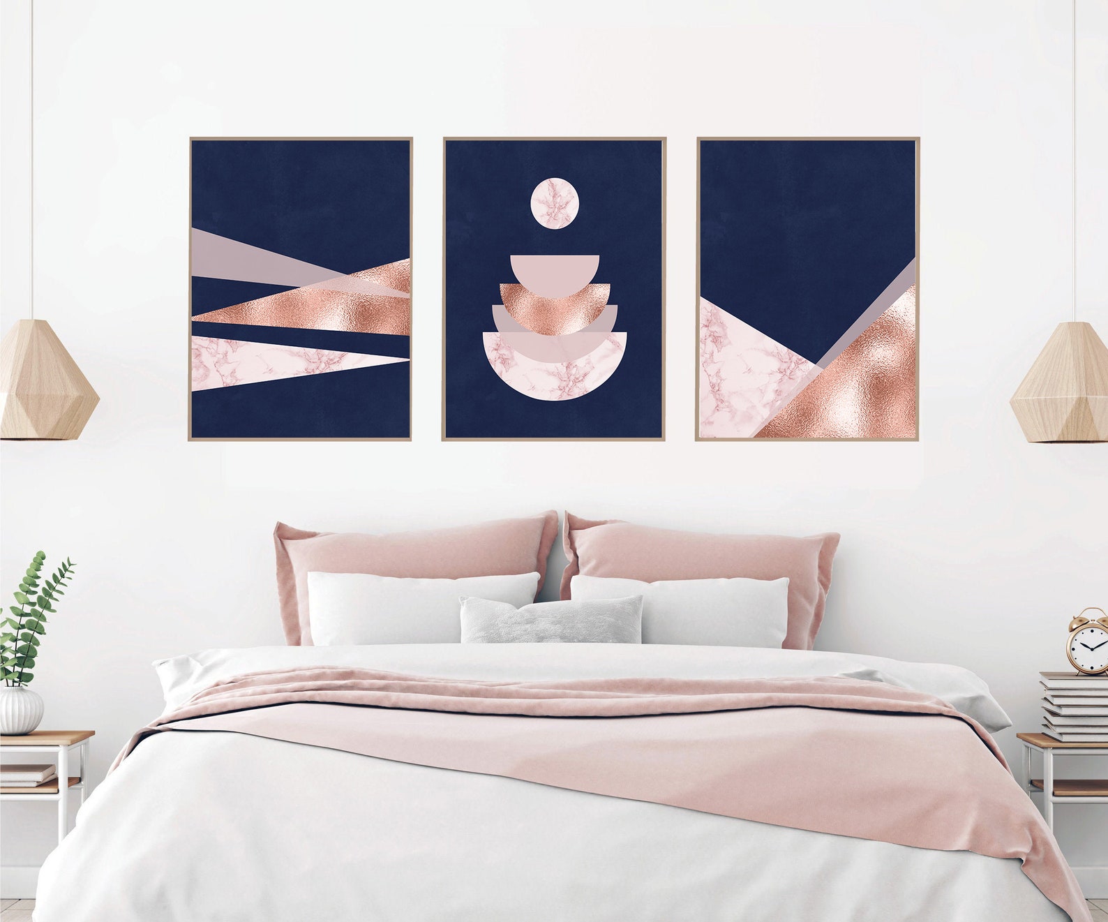 Navy Rose Gold Wall Art Set of 3 Blue Pink Wall Art Rose Etsy Australia