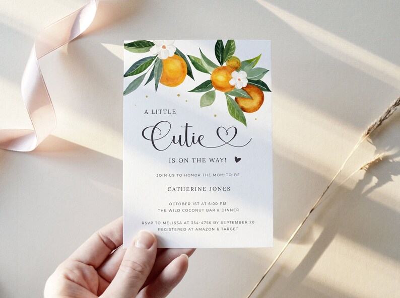 Cutie Baby Shower Invitation Template, Orange Baby Shower Invitation Digital Download, Clementine Citrus Baby Shower Template, O1 image 2