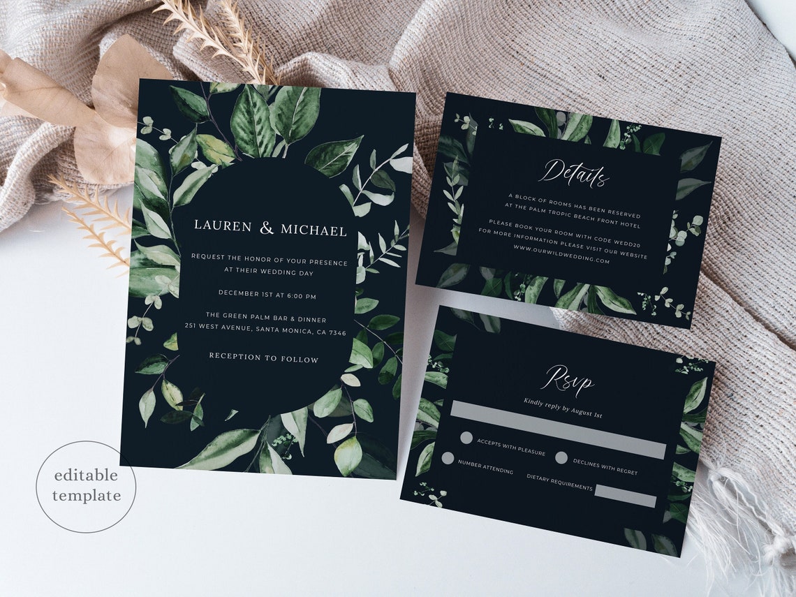 Botanical Wedding Invitation Template Green Black Wedding image 1