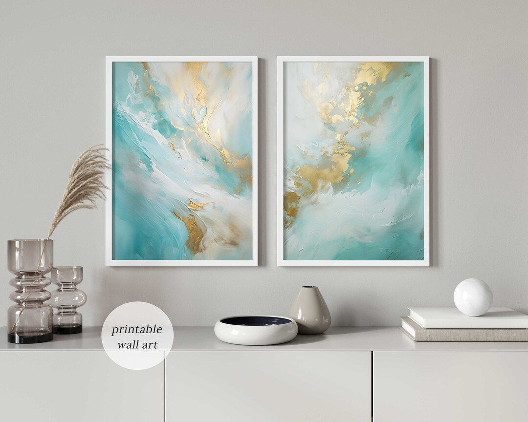 Turquoise Wall Art Set of 2, Turquoise Gold Prints, Blue Gold Wall Art