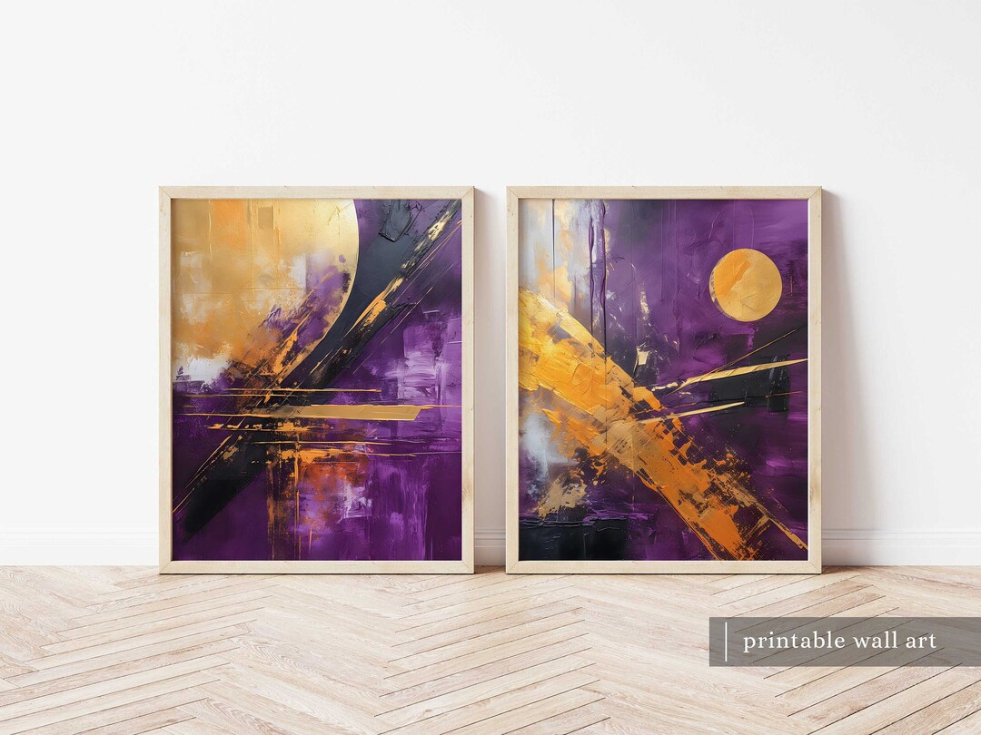 Purple Gold Wall Art Abstract Purple Wall Art Set of 2 Etsy