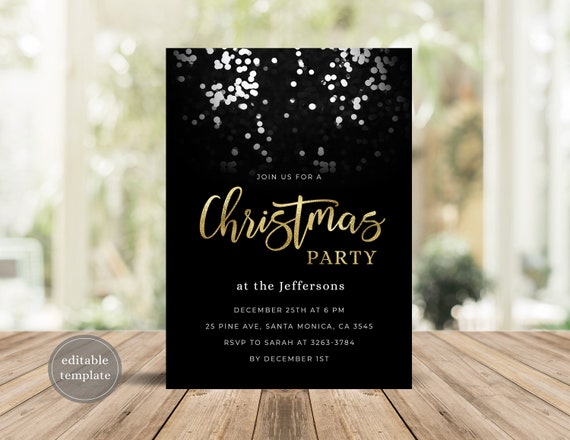 Christmas Party Invitation Template Black and Gold Elegant - Etsy