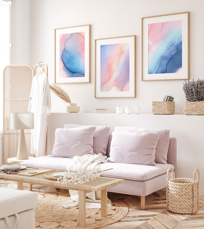 Blue and Pink Wall Art Set of 3 Modern Abstract Wall Art Set Etsy