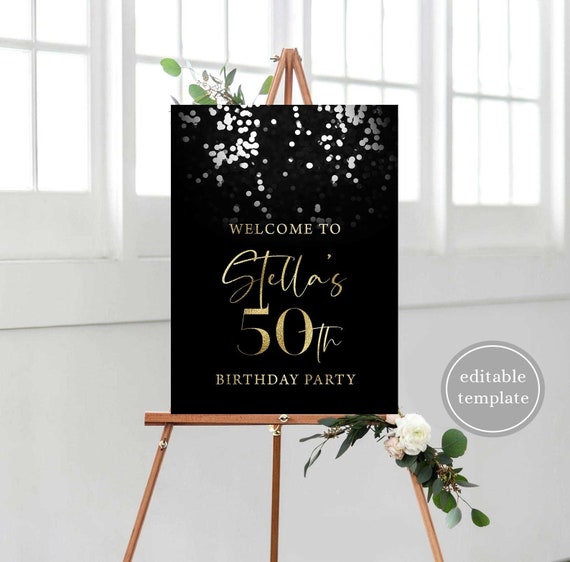 Black and Gold Birthday Welcome Sign Template, Elegant Birthday Welcome Sign, Black and Gold Birthday Party Sign, 50th Birthday Decor