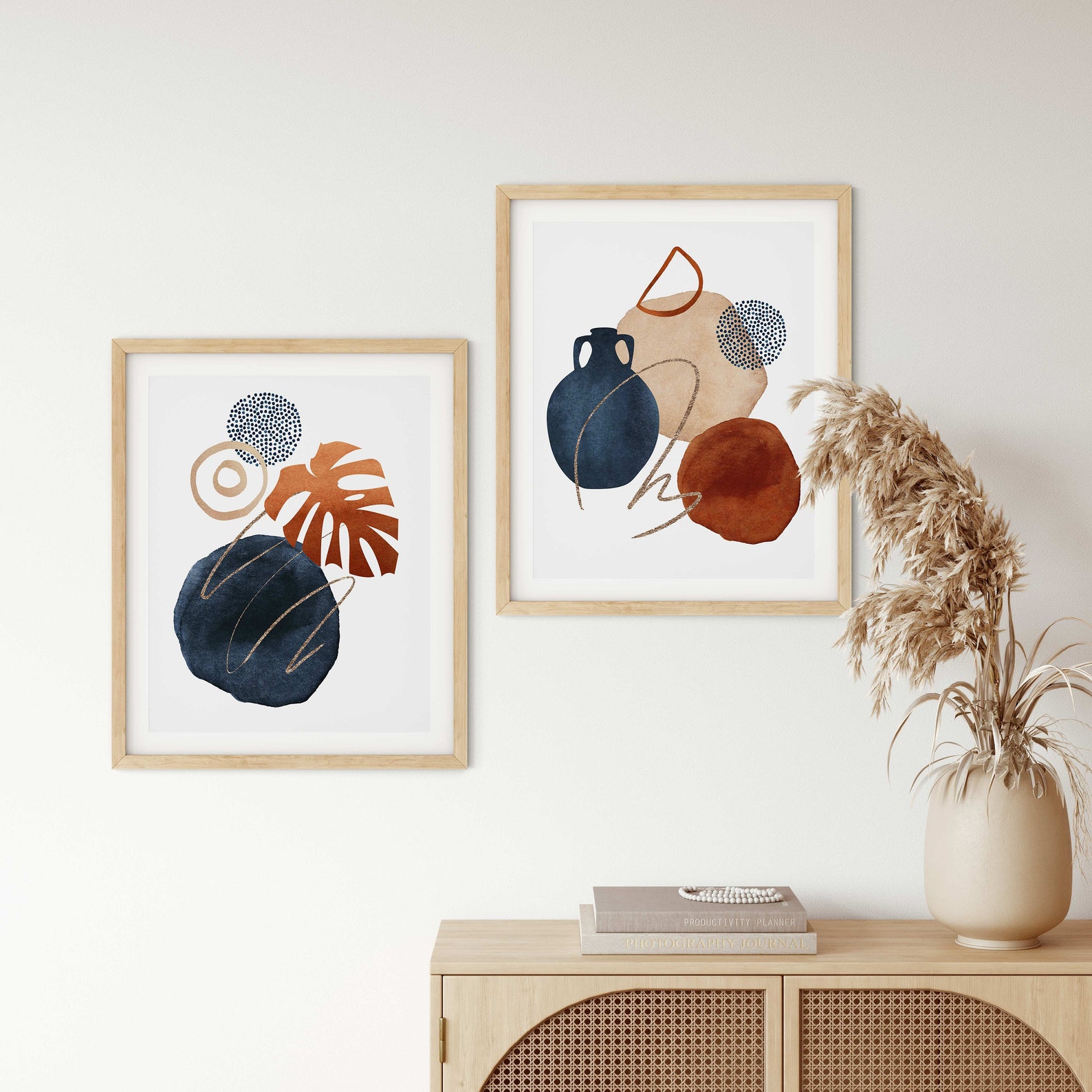 Blue Orange Wall Art Set of 2 Mid Century Wall Art Set of 2 Etsy