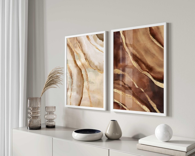 Impressions abstraites neutres, ensemble d'art mural chaud et terreux, art en terre cuite beige marron, impressions abstraites modernes sur marbre, impression bohème moderne, lot de 2 image 2