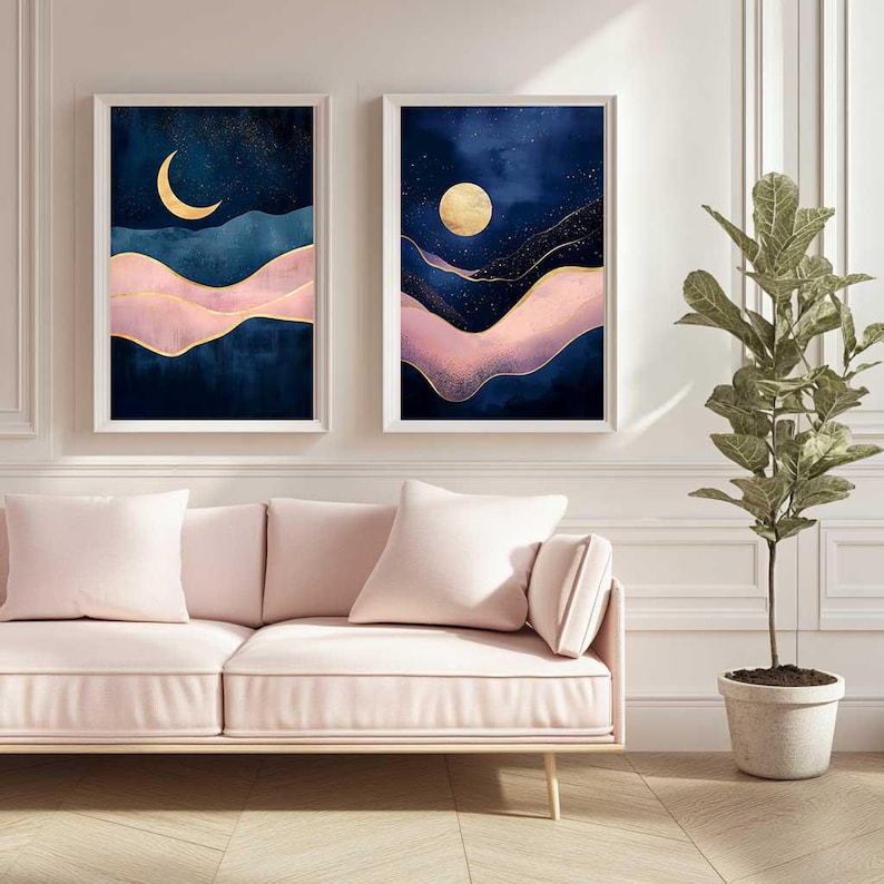 May include: Two abstract landscape paintings with a blue background, pink and gold accents, and a crescent moon and full moon in the sky.