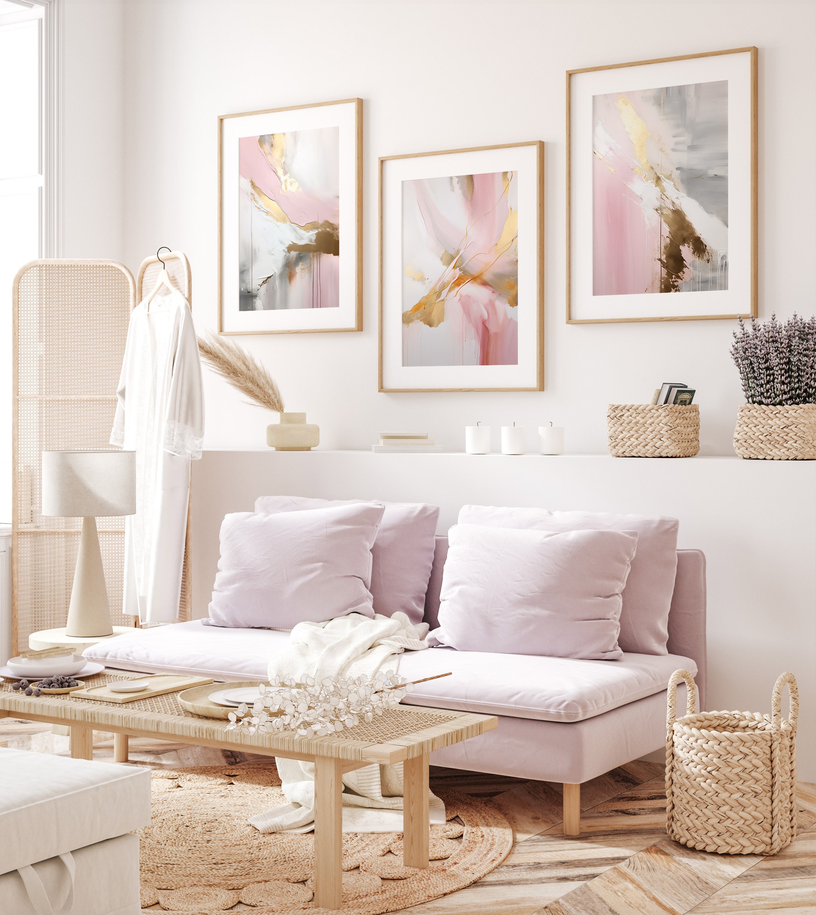 Pink Gold Wall Art Set, Abstract Pink Wall Art Set of 3, Blush Pink ...