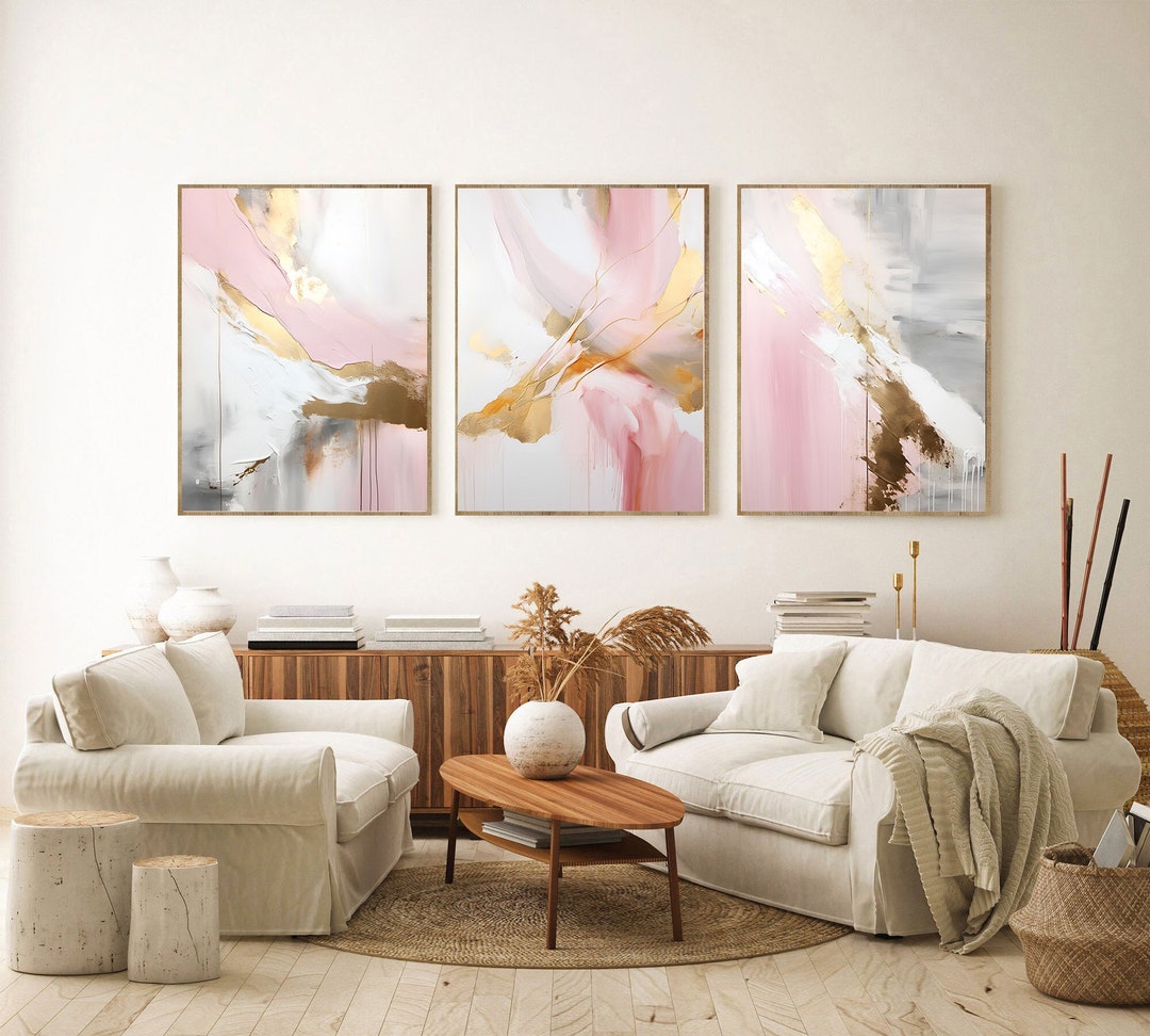 Pink Gold Wall Art Set, Abstract Pink Wall Art Set of 3, Blush Pink ...