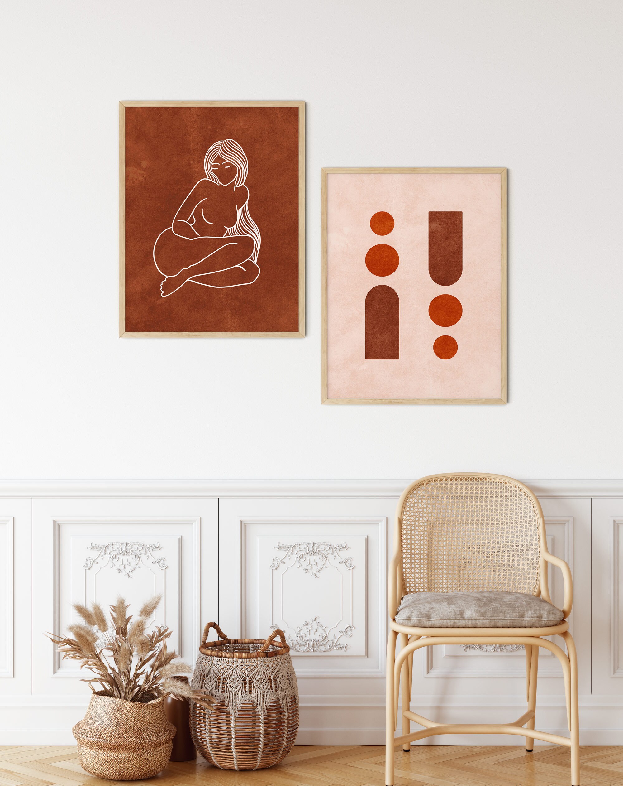 Terracotta Wall Art Set Burnt Orange Prints Set Mid Century Etsy