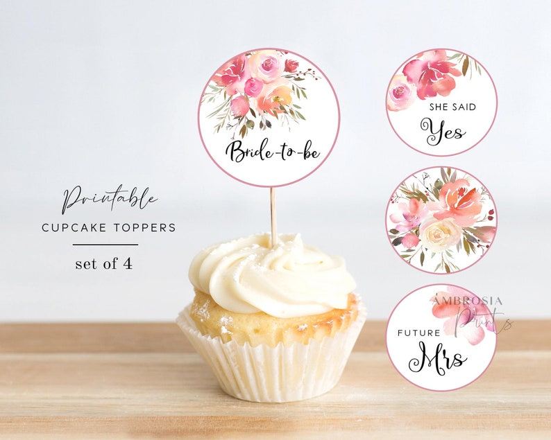 Floral Bridal Shower Cupcake Toppers Printable Pink Floral Etsy