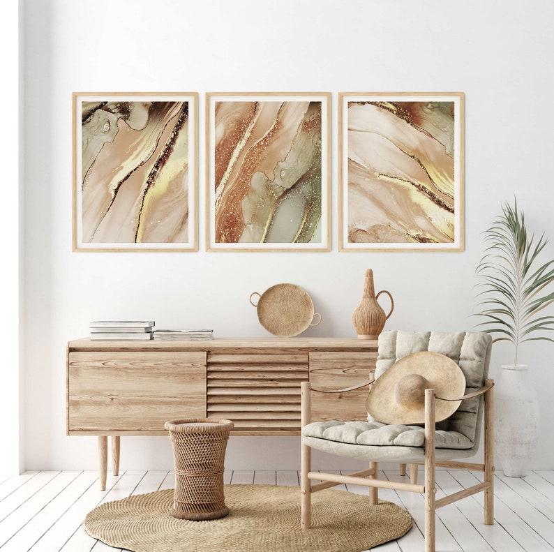 Gold Wall Art Set of 3 Abstract Gold Prints Marble Wall Art Etsy