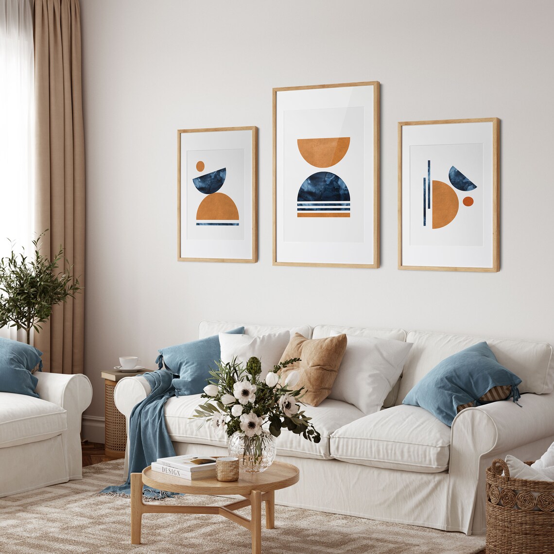 Blue Orange Wall Art Set Navy Burnt Orange Wall Art Set of 3 Etsy