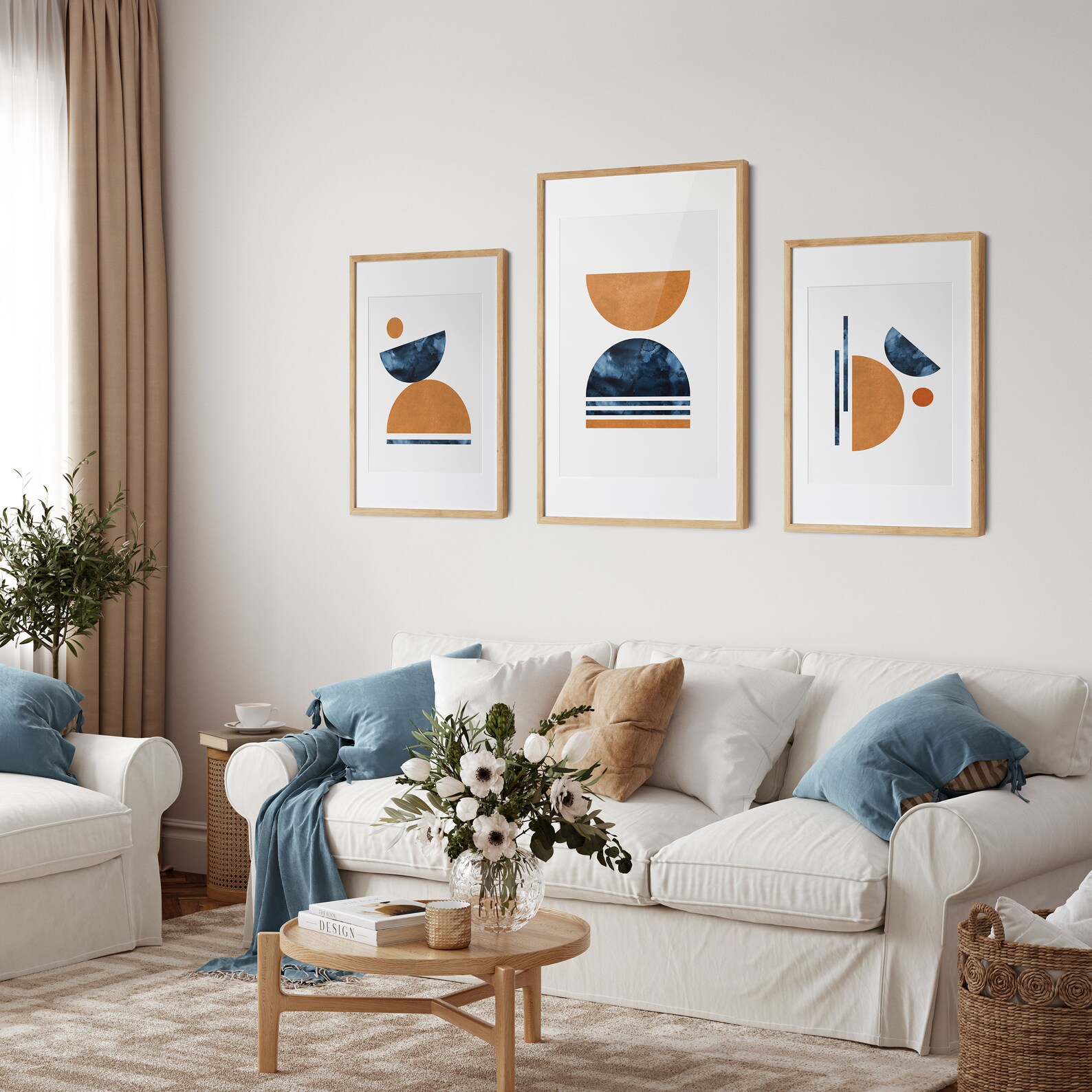 Blue Orange Wall Art Set Navy Burnt Orange Wall Art Set of 3 Etsy