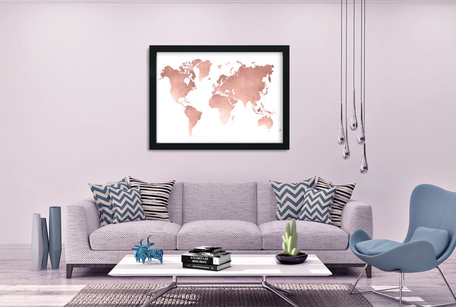 World Map Wall Art Rose Gold Print World Map Poster Rose Etsy