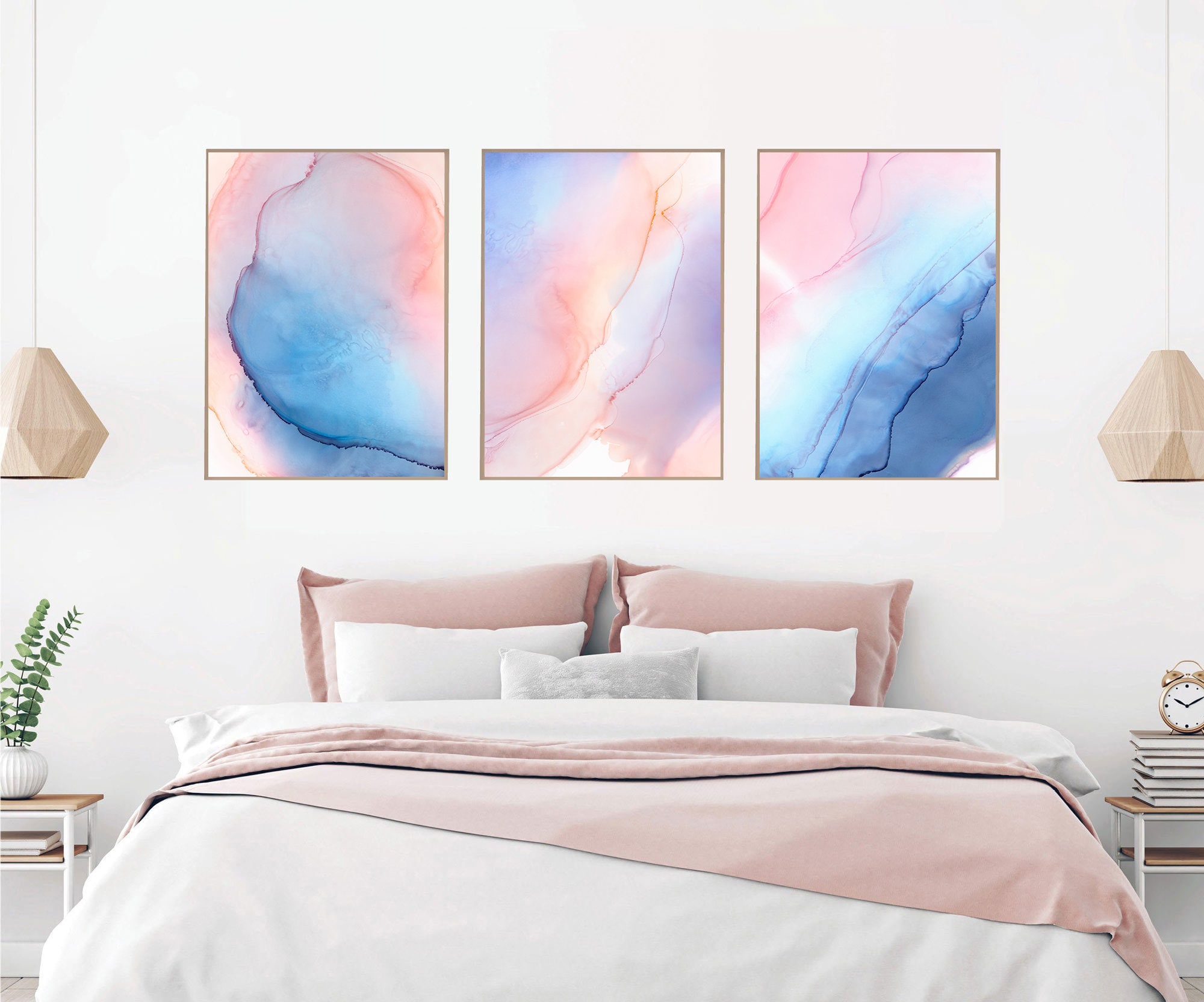 Blue and Pink Wall Art Set of 3 Modern Abstract Wall Art Set Etsy