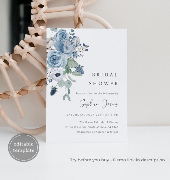 Dusty Blue Bridal Shower Invitation Download Blue Floral Etsy