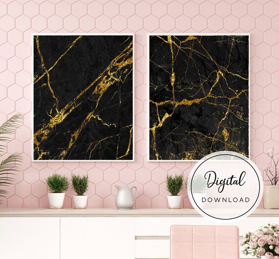 Black and Gold Wall Art Set of 2 Modern Abstract Wall Art Etsy