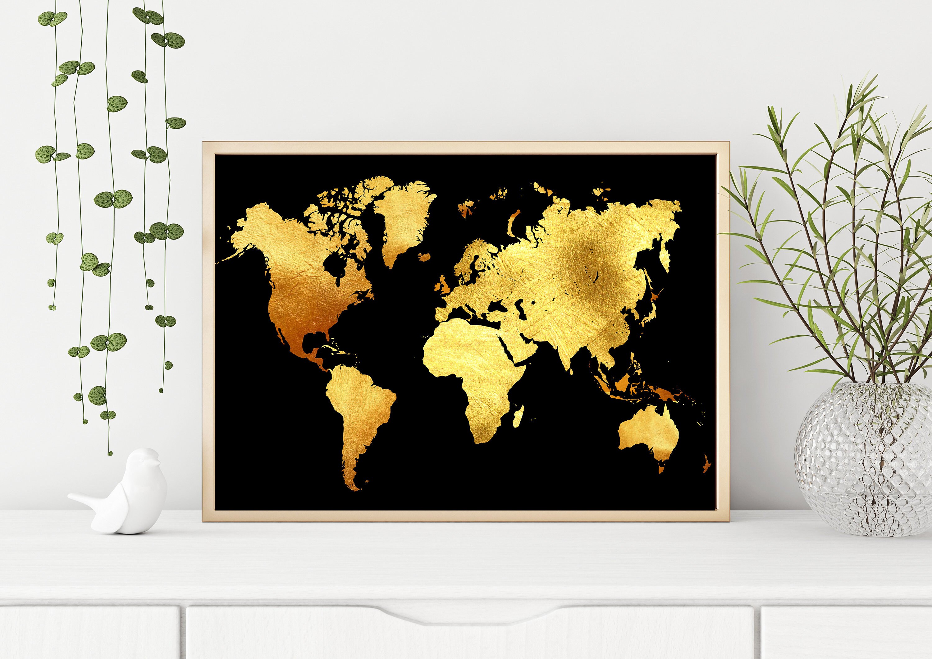 black and gold wall art printable world map wall art instant etsy norway