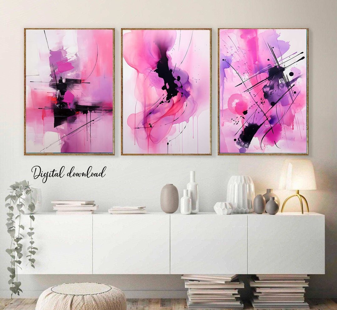 Abstract Pink Wall Art Set of 3, Hot Pink Prints, Modern Pink Art ...