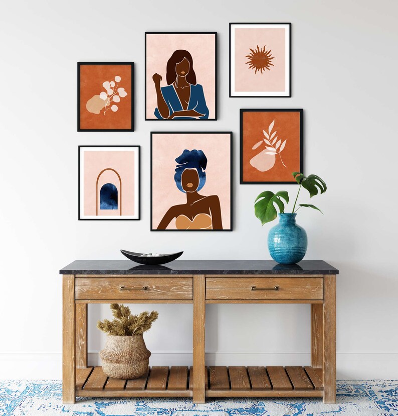 Navy Blue Orange Wall Art Mid Century Modern Art Prints Etsy