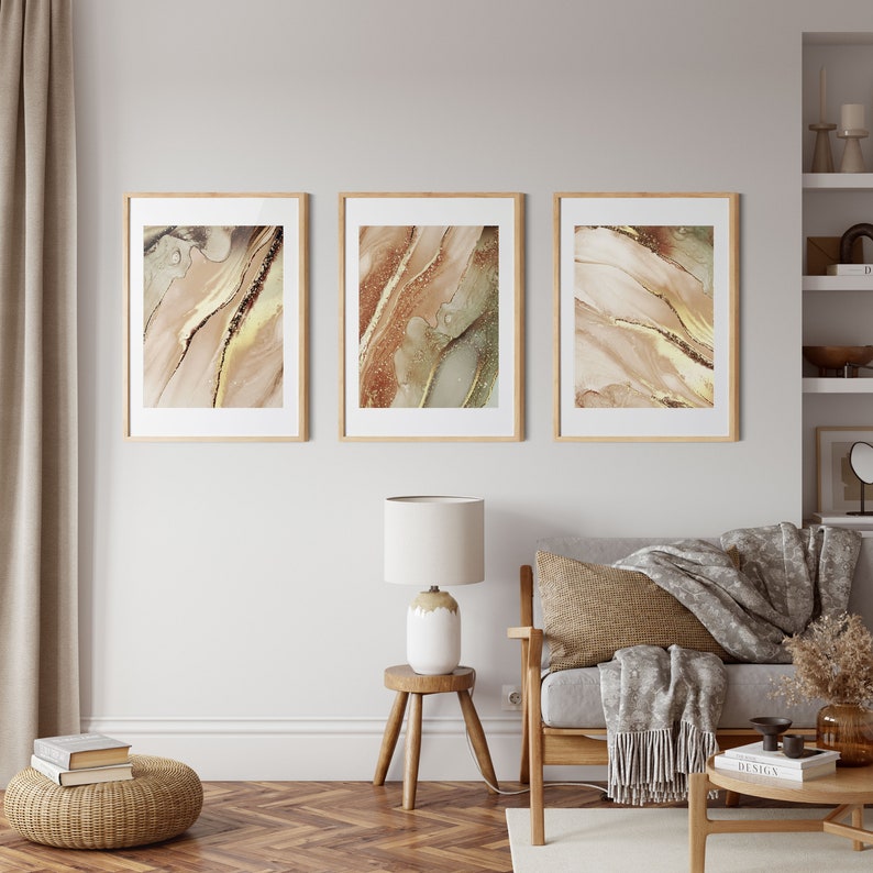 Gold Wall Art Set of 3 Abstract Gold Prints Marble Wall Art Etsy