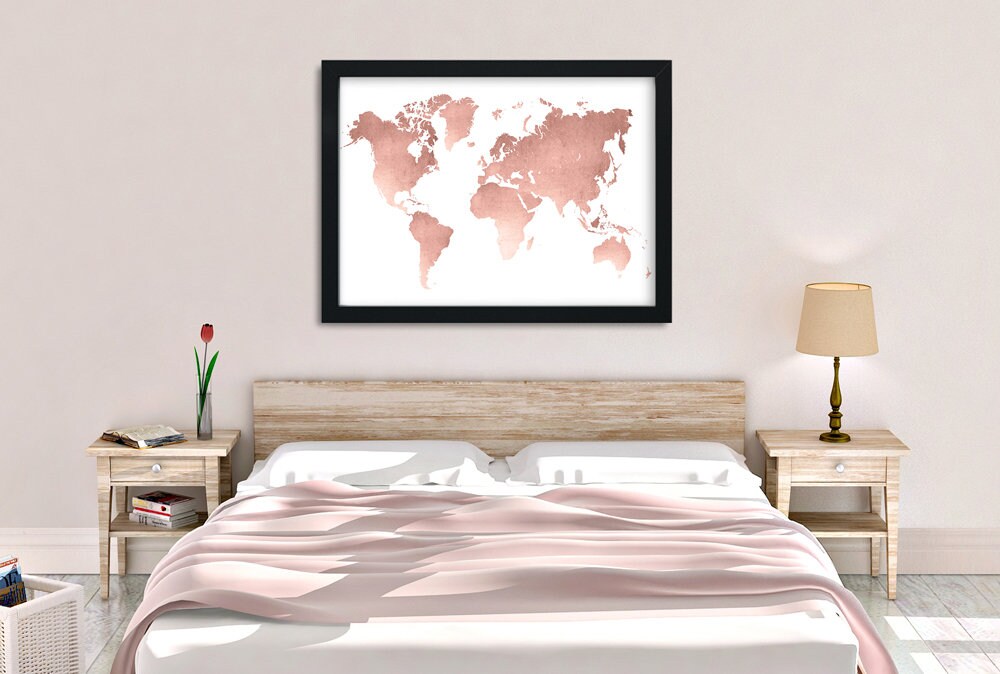 World Map Wall Art Rose Gold Print World Map Poster Rose Etsy