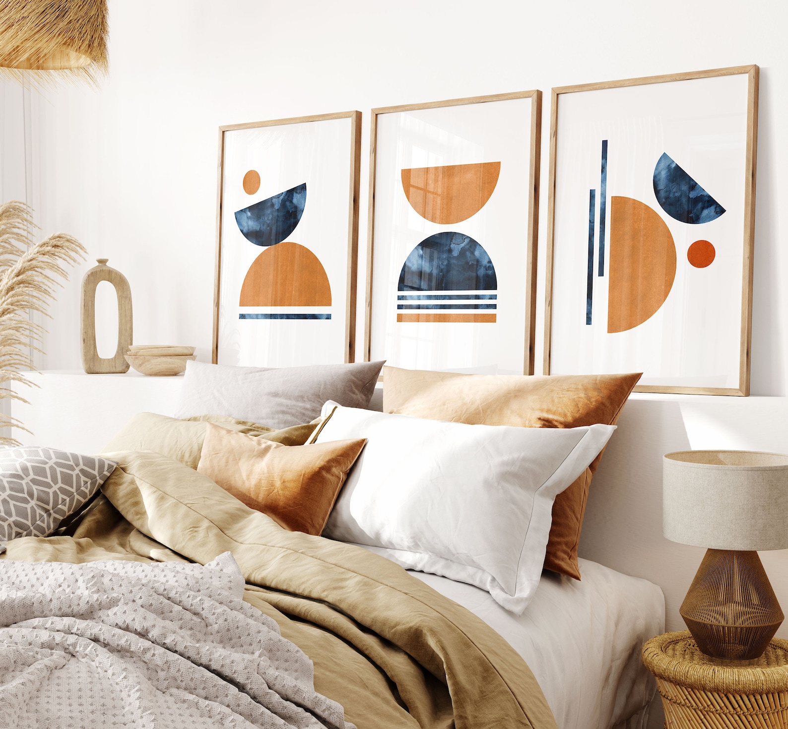 Blue Orange Wall Art Set Navy Burnt Orange Wall Art Set of 3 Etsy