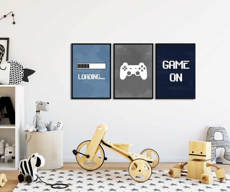 Video Game Wall Art Gaming Wall Art Set of 3 Blue Gray Etsy