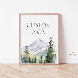 Cartello personalizzato per matrimonio in montagna, modello modificabile, modello per cartello da tavolo per matrimonio nella foresta, cartello per bomboniere in montagna, cartello per tavolo bomboniere, M4