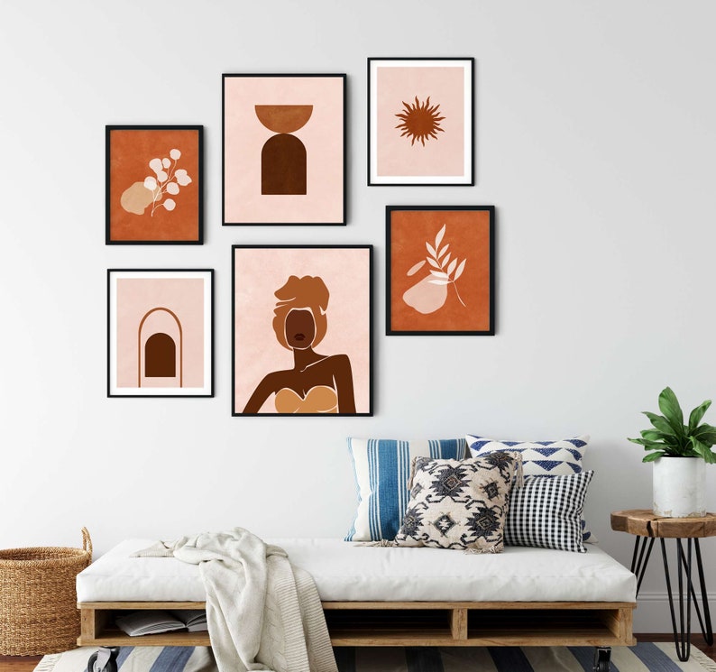 Mid Century Modern Art Prints Boho Wall Art Set Burnt