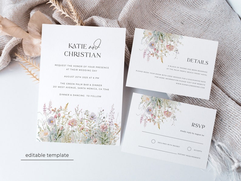 Garden Wedding Invitation Suite, Wildflower Wedding Invitation Template, Wild Flowers Wedding Invitation Download, Rustic Floral Wedding image 1