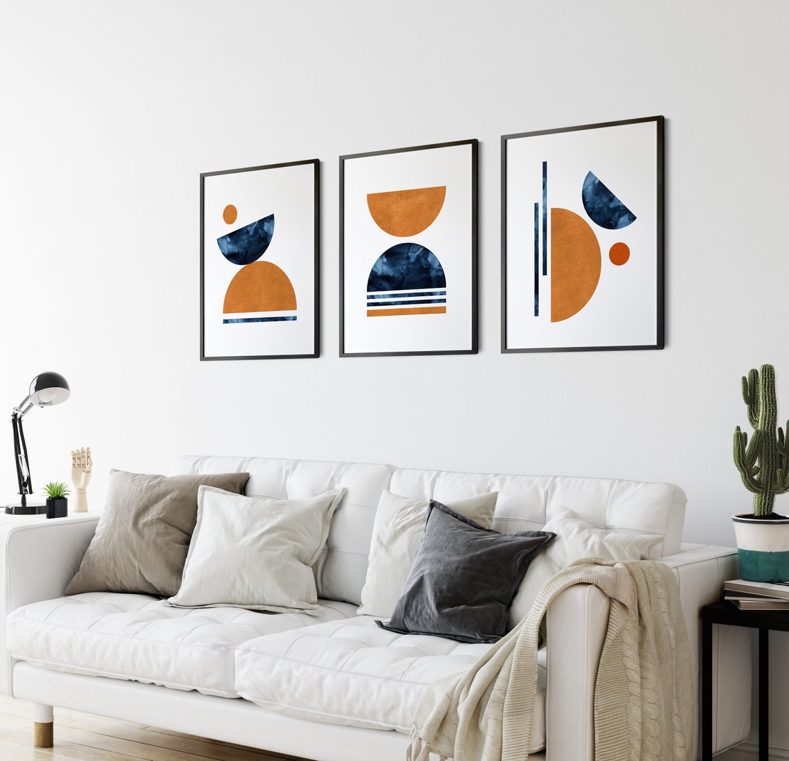 Blue Orange Wall Art Set Navy Burnt Orange Wall Art Set of 3 Etsy